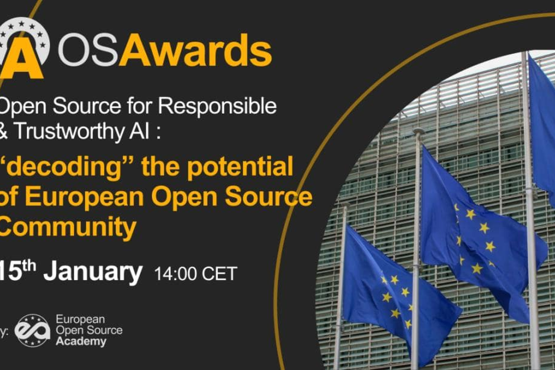 OSAwards Webinar banner "Open Source for Responsible and Trustworthy AI : ''decoding'' the potential of European Open Source Community"